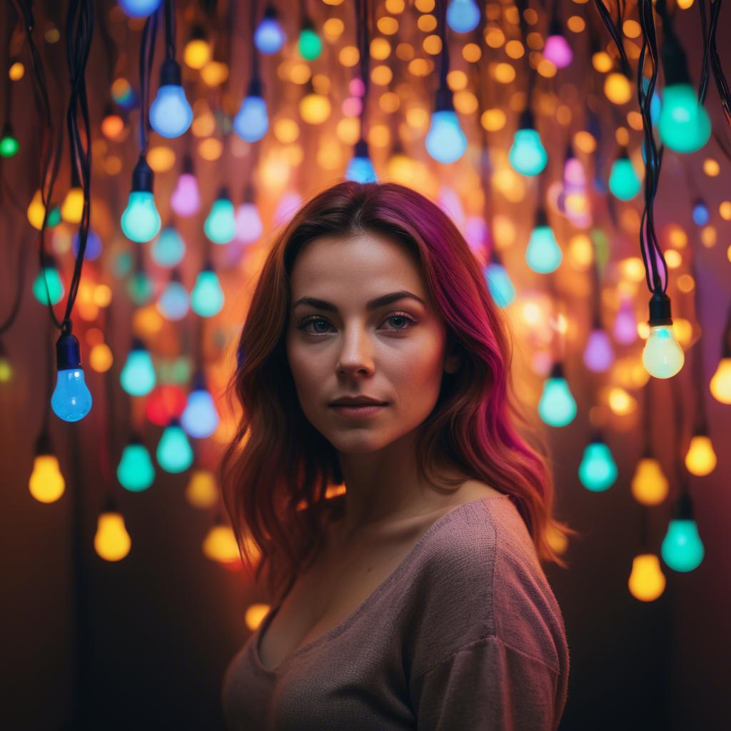 A stunning image of artistic shot of a woman surrounded by colorful lights.