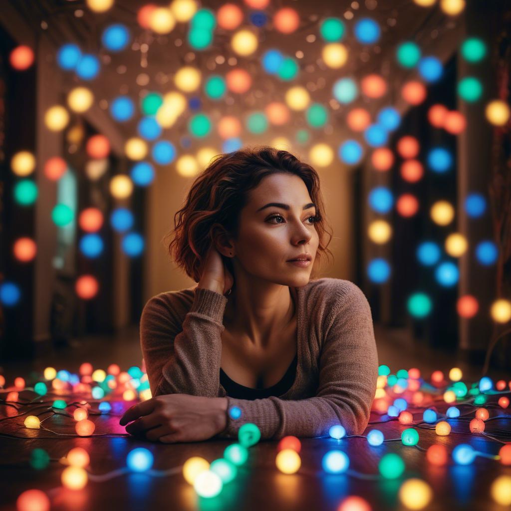 A stunning image of artistic shot of a woman surrounded by colorful lights.
