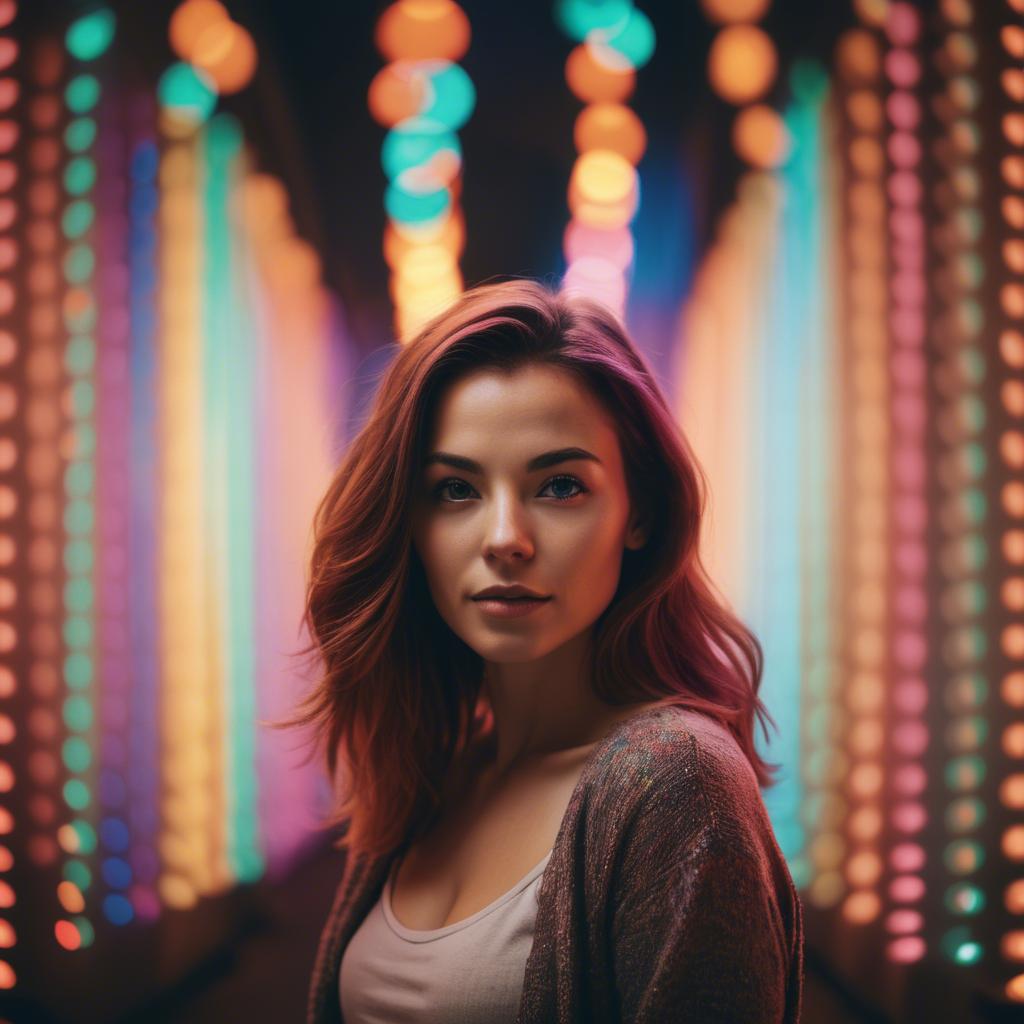 A stunning image of artistic shot of a woman surrounded by colorful lights.
