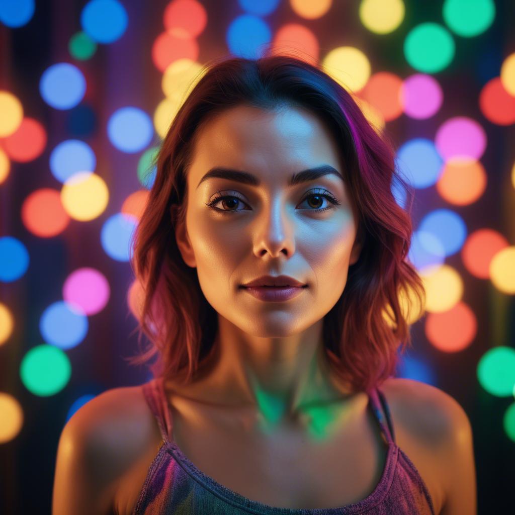 A stunning image of artistic shot of a woman surrounded by colorful lights.