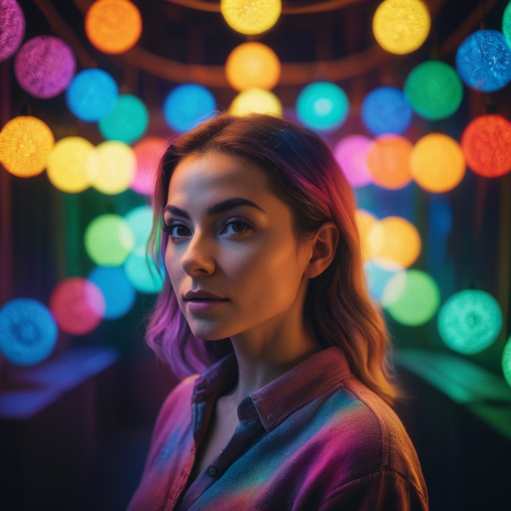 A stunning image of artistic shot of a woman surrounded by colorful lights.
