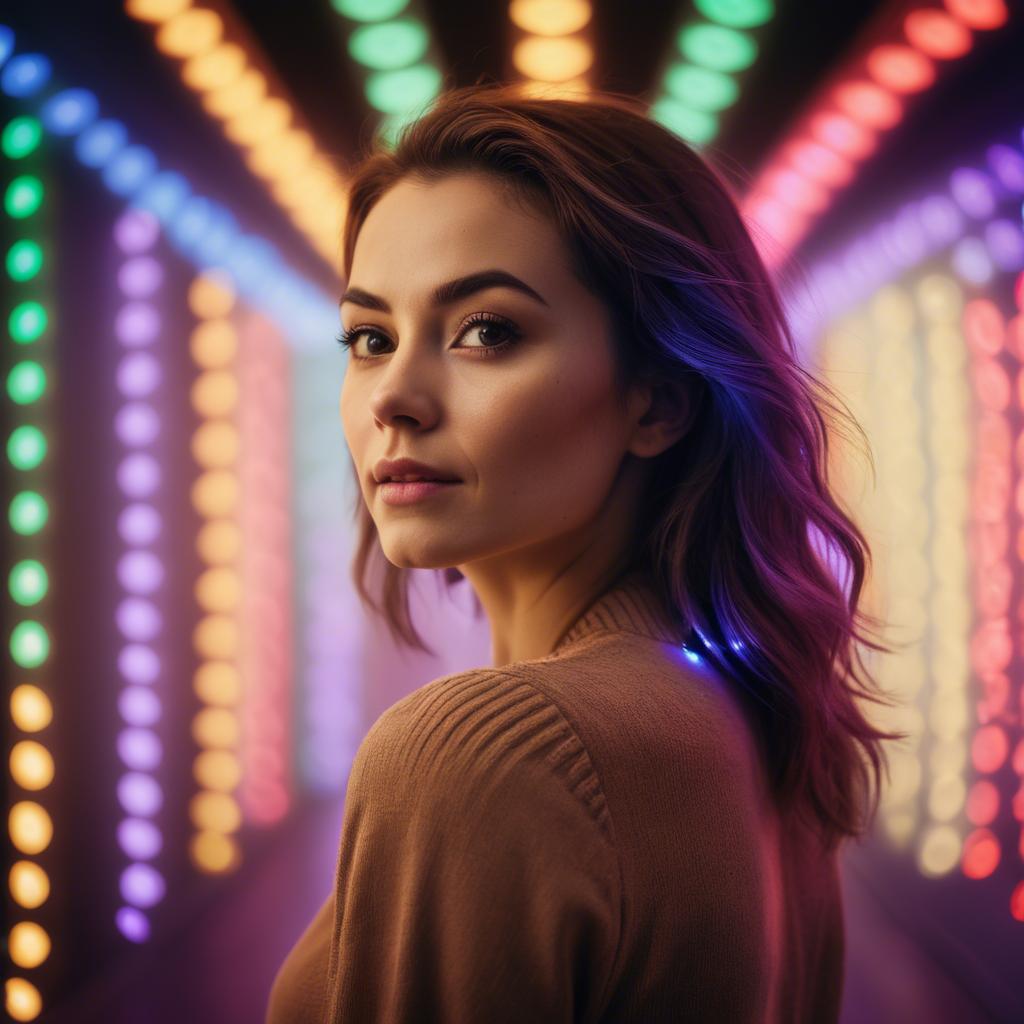 A stunning image of artistic shot of a woman surrounded by colorful lights.