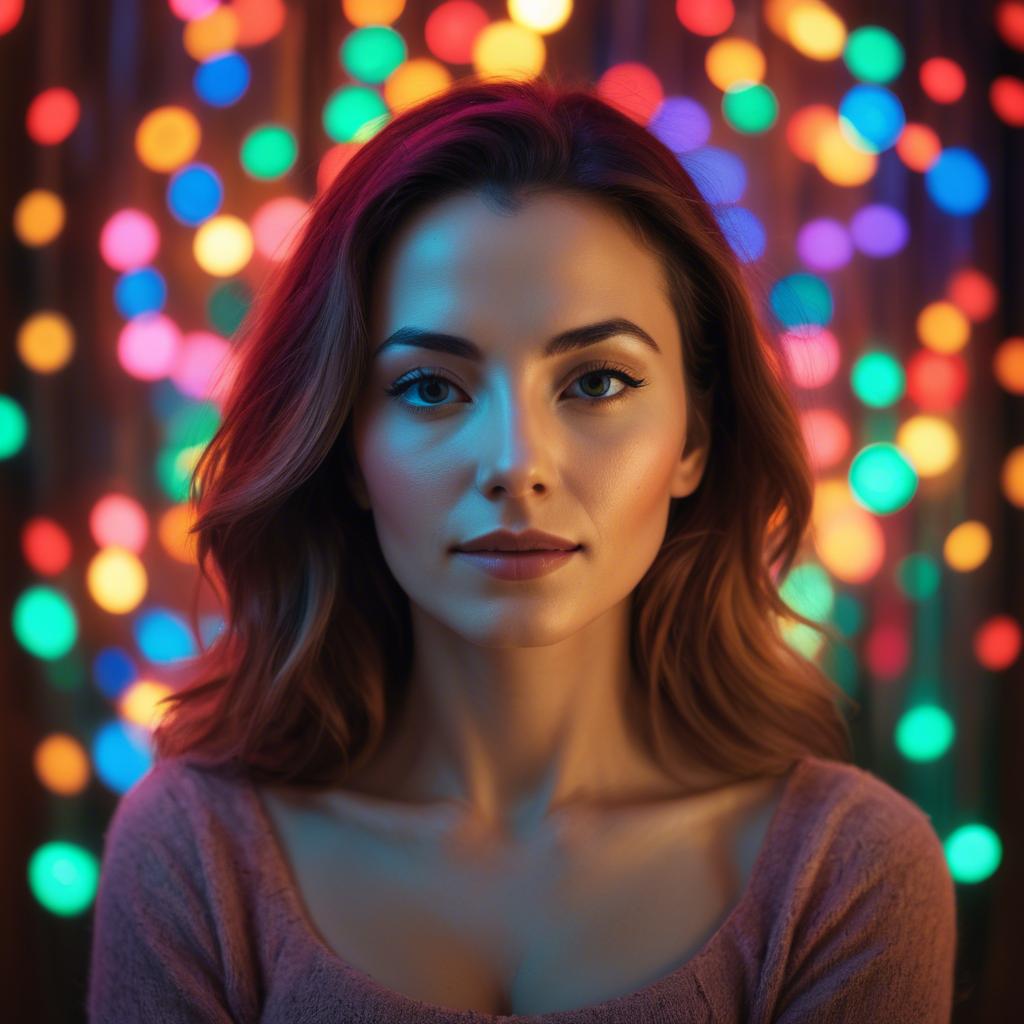 A stunning image of artistic shot of a woman surrounded by colorful lights.
