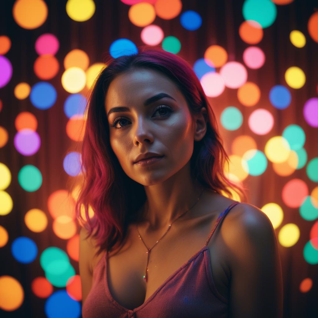 A stunning image of artistic shot of a woman surrounded by colorful lights.