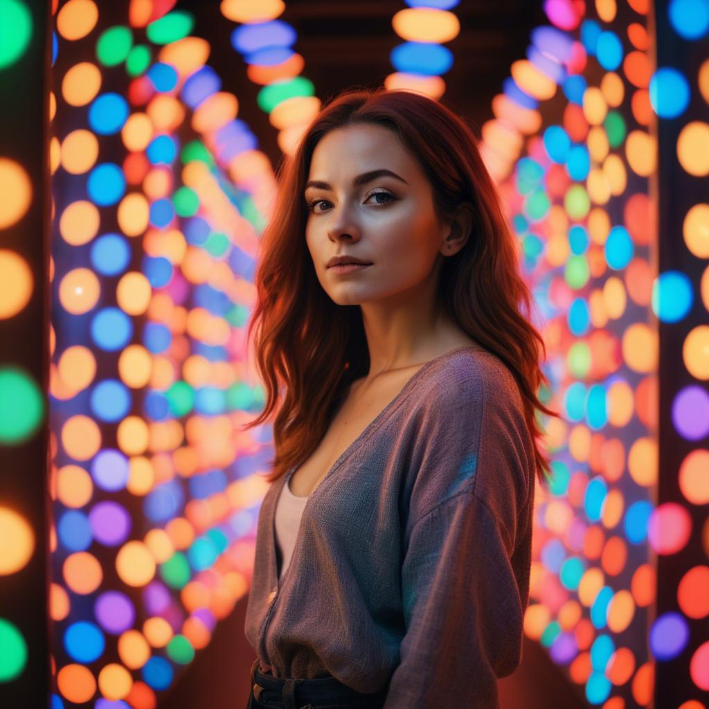 A stunning image of artistic shot of a woman surrounded by colorful lights.