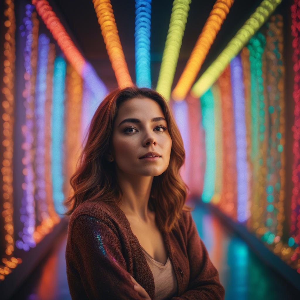 A stunning image of artistic shot of a woman surrounded by colorful lights.