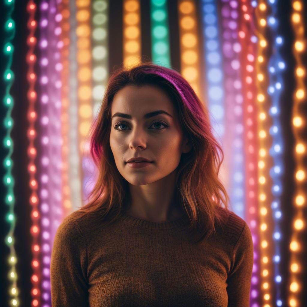 A stunning image of artistic shot of a woman surrounded by colorful lights.