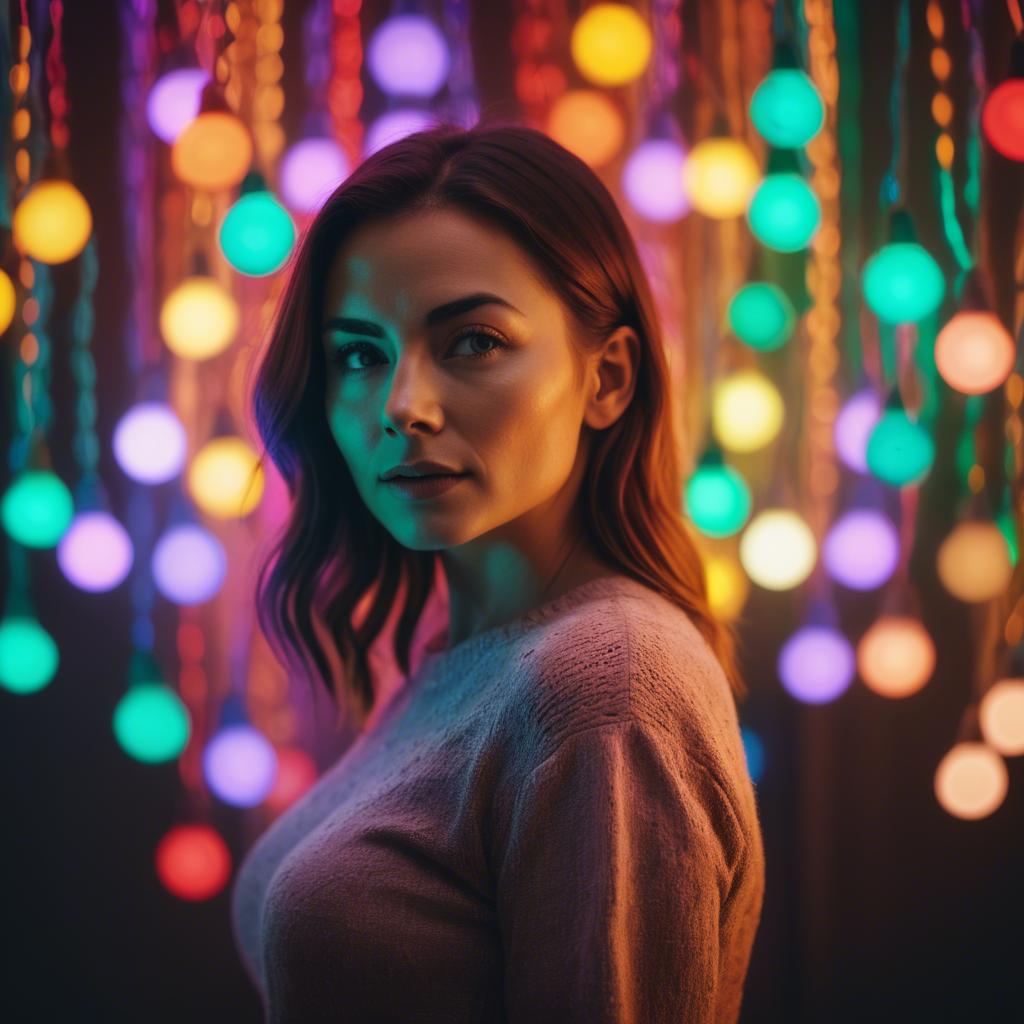A stunning image of artistic shot of a woman surrounded by colorful lights.