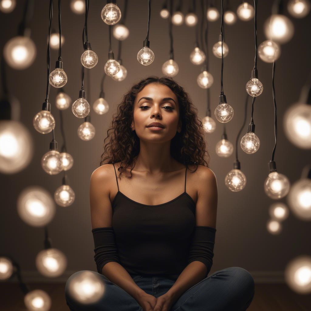 A stunning image of artistic shot of a woman surrounded by floating lights.