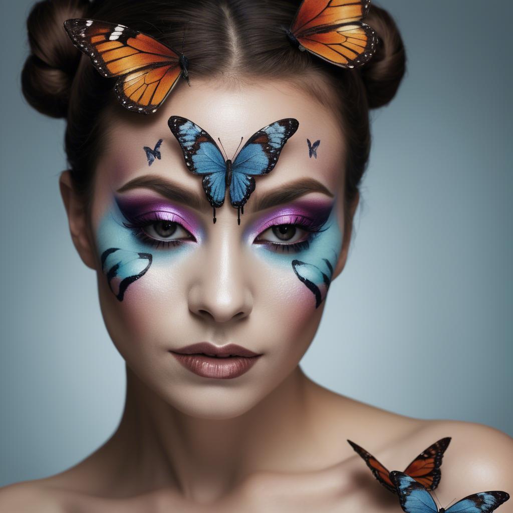A stunning image of artistic shot of a woman with butterfly makeup.