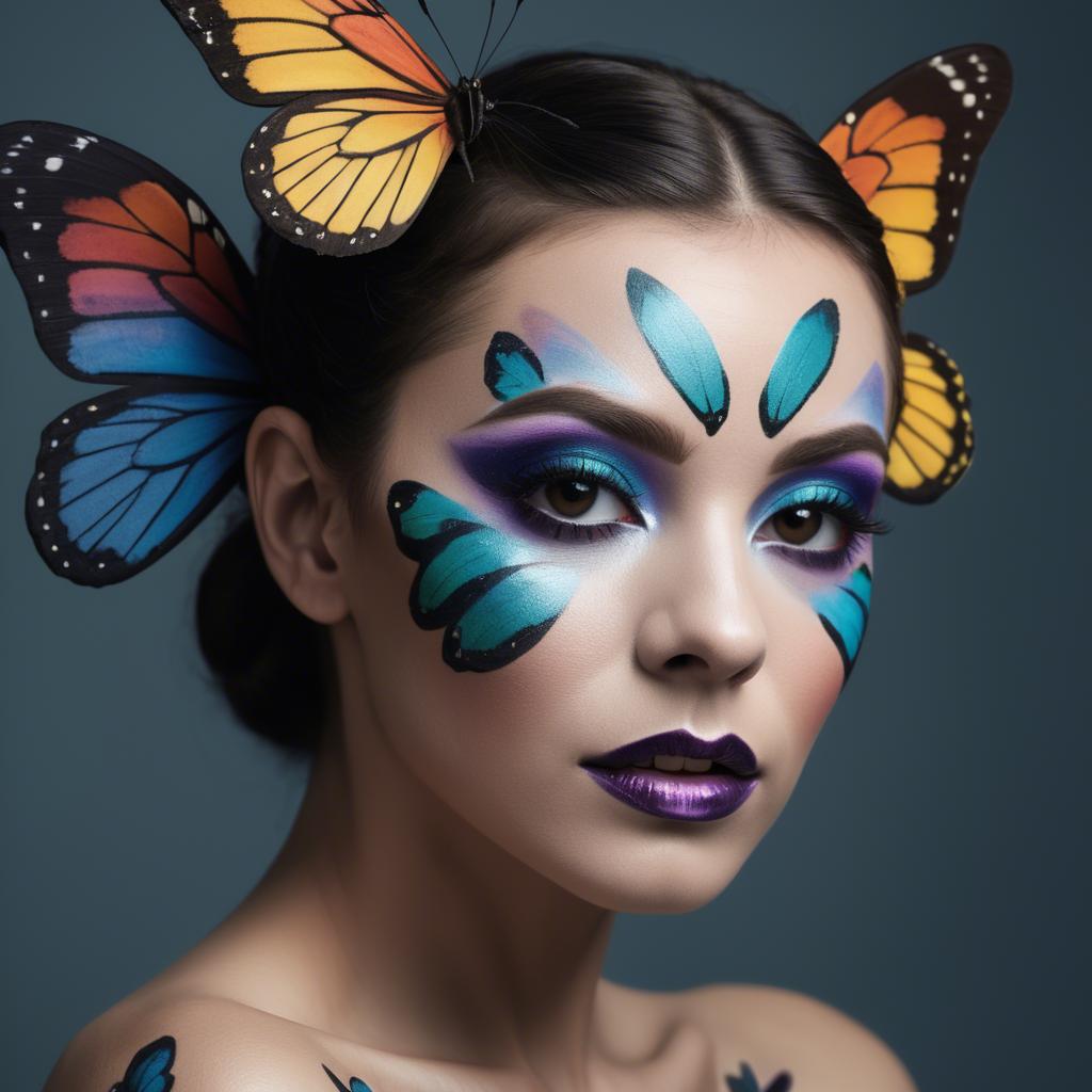 A stunning image of artistic shot of a woman with butterfly makeup.