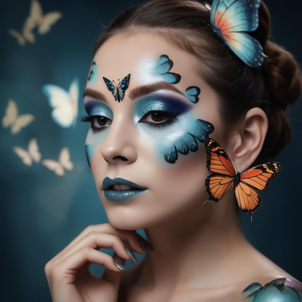 A stunning image of artistic shot of a woman with butterfly makeup.
