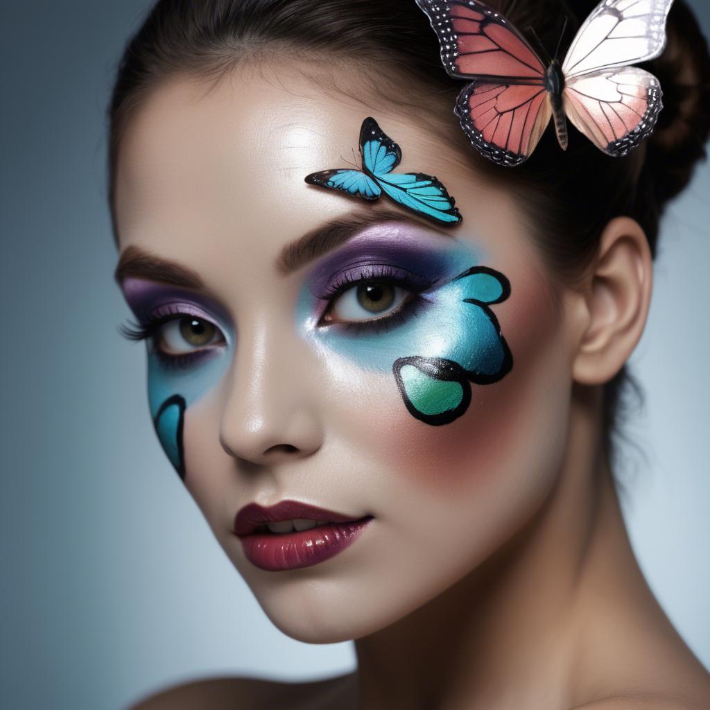 A stunning image of artistic shot of a woman with butterfly makeup.