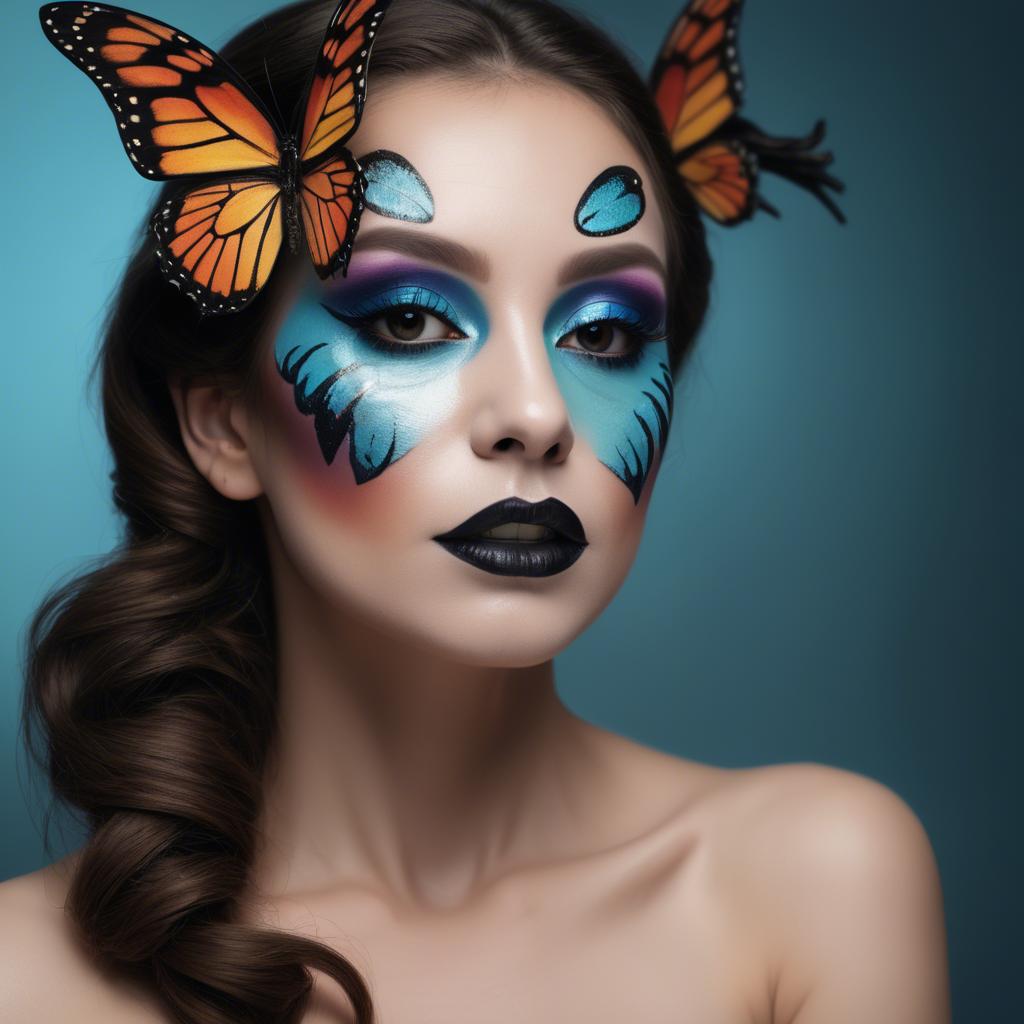 A stunning image of artistic shot of a woman with butterfly makeup.