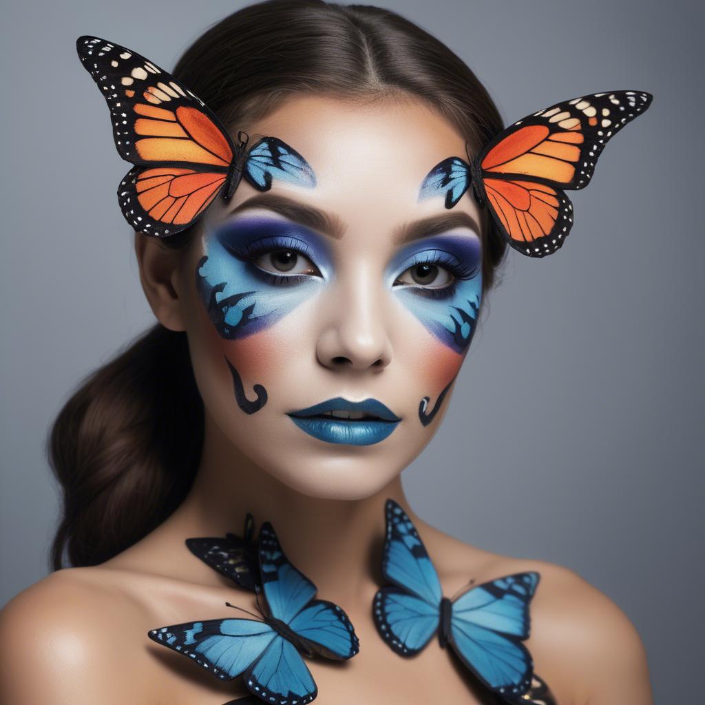 A stunning image of artistic shot of a woman with butterfly makeup.