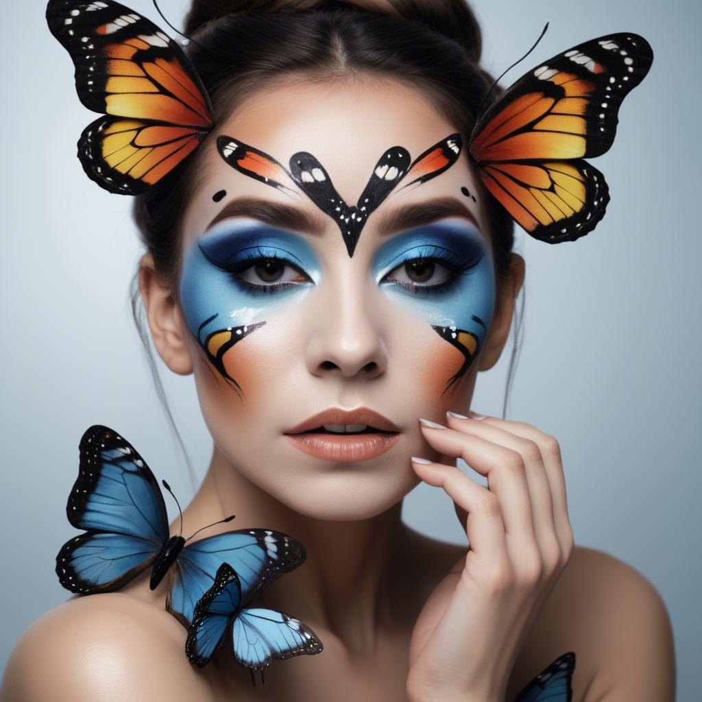 A stunning image of artistic shot of a woman with butterfly makeup.