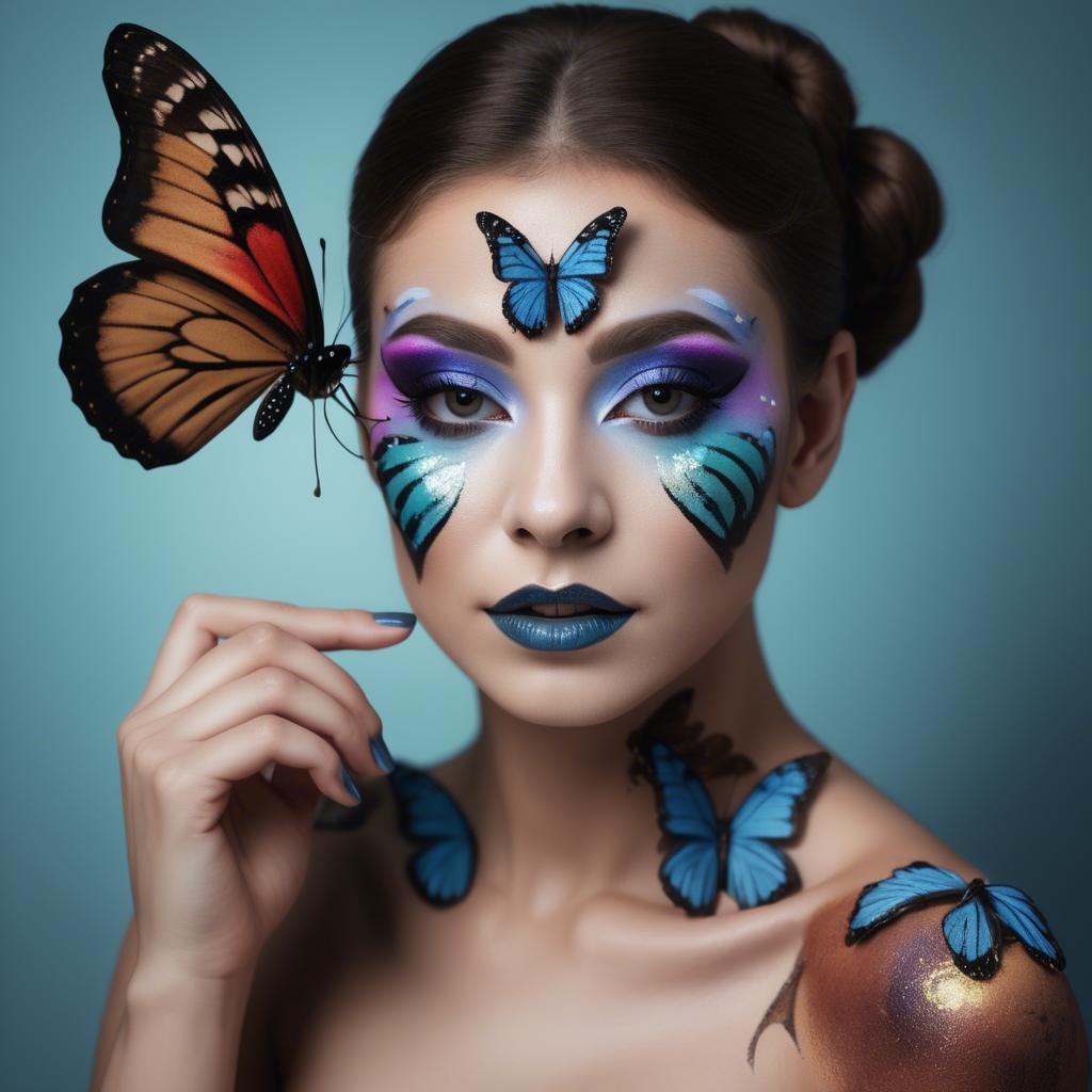 A stunning image of artistic shot of a woman with butterfly makeup.