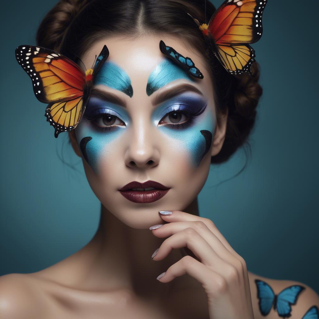 A stunning image of artistic shot of a woman with butterfly makeup.
