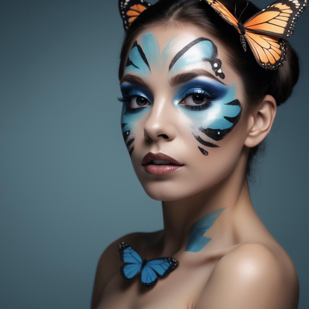 A stunning image of artistic shot of a woman with butterfly makeup.
