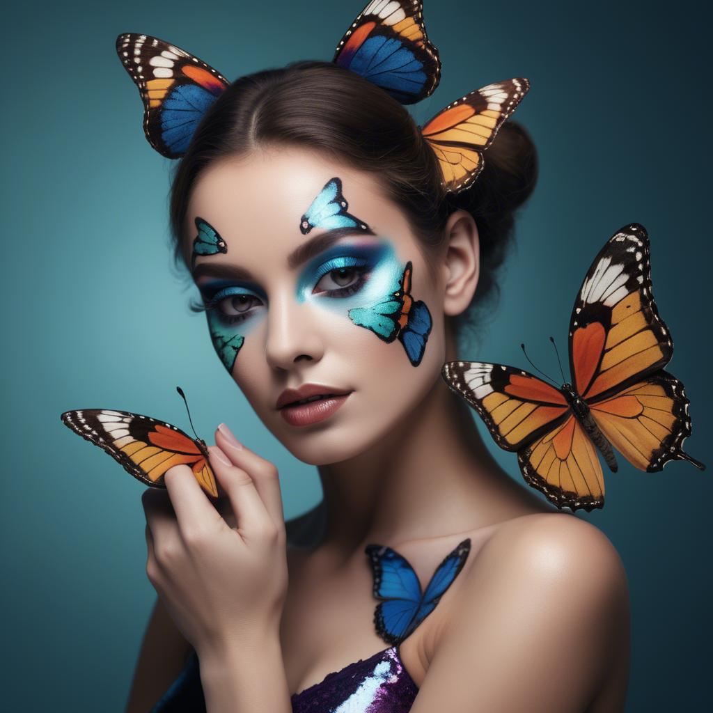 A stunning image of artistic shot of a woman with butterfly makeup.