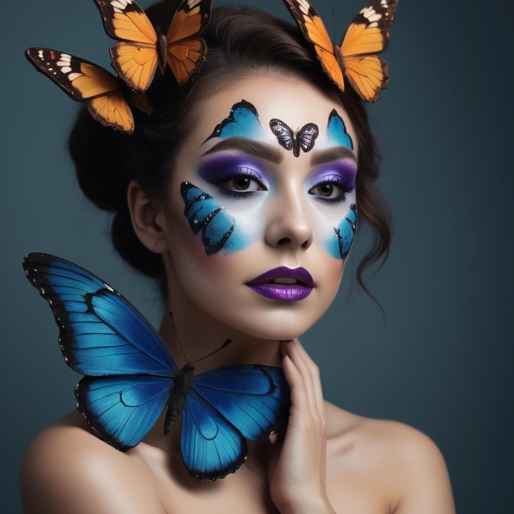 A stunning image of artistic shot of a woman with butterfly makeup.