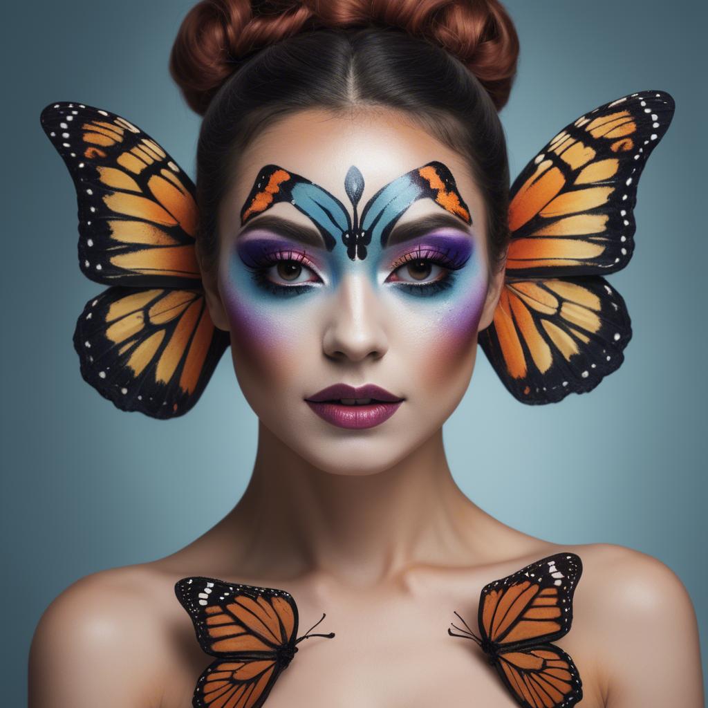 A stunning image of artistic shot of a woman with butterfly makeup.