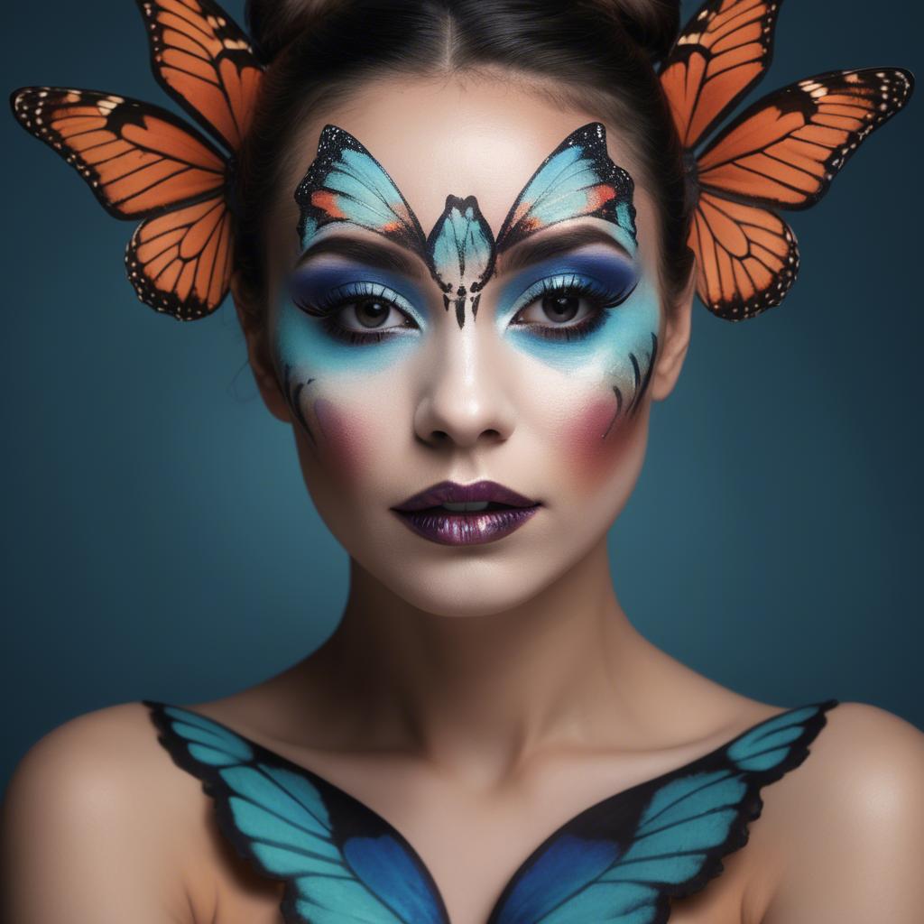 A stunning image of artistic shot of a woman with butterfly makeup.