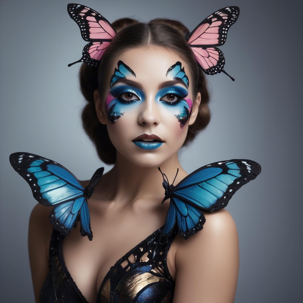 A stunning image of artistic shot of a woman with butterfly makeup.