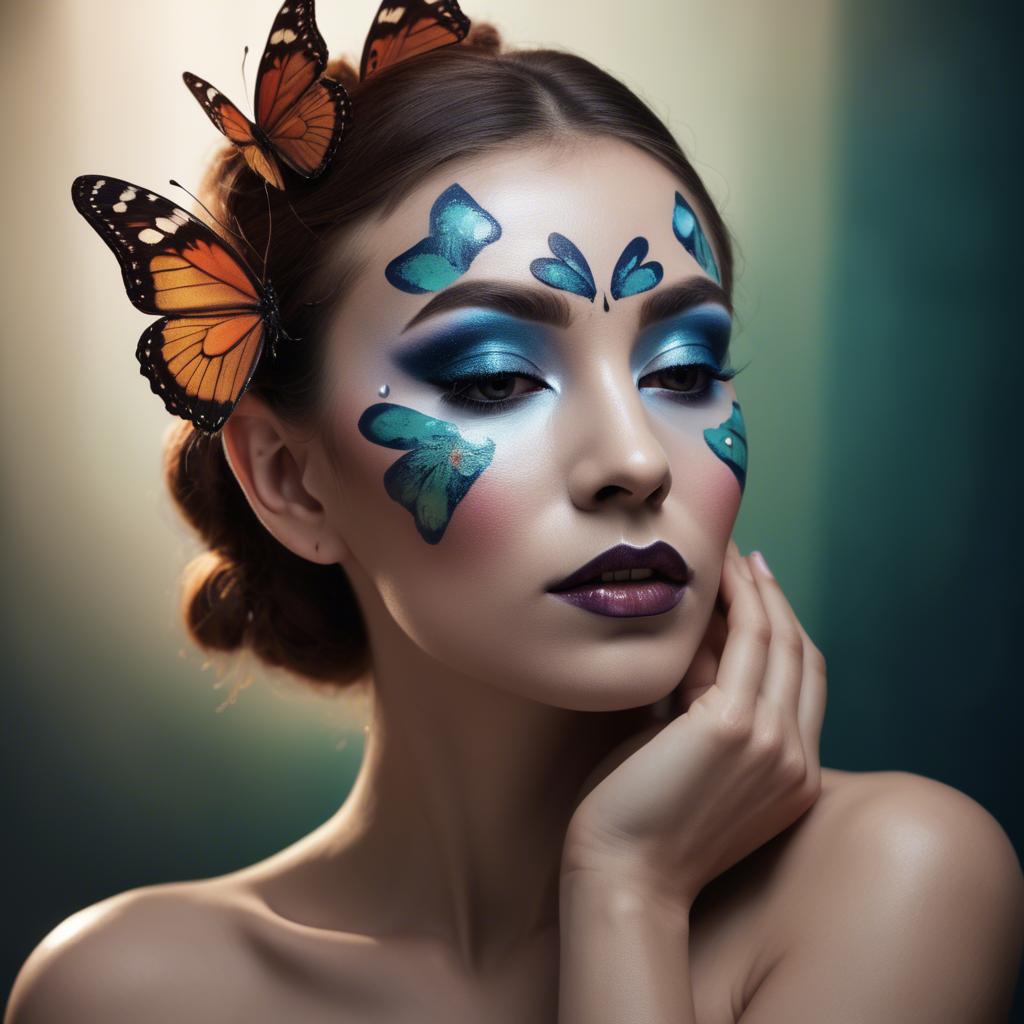 A stunning image of artistic shot of a woman with butterfly makeup.