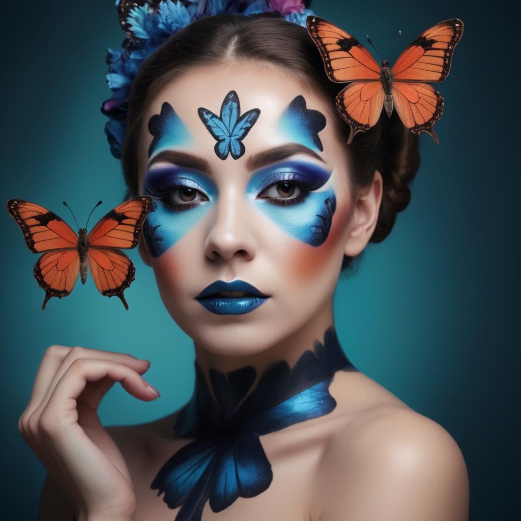 A stunning image of artistic shot of a woman with butterfly makeup.