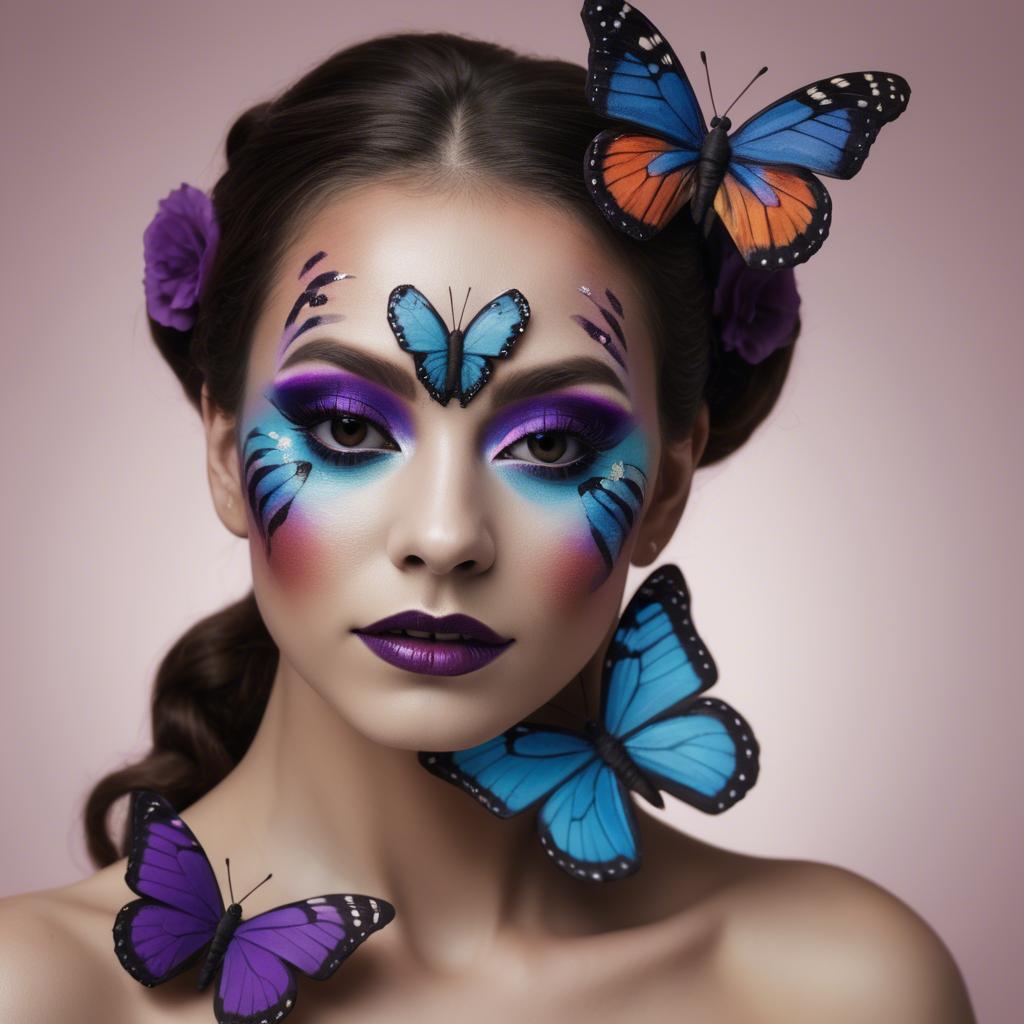 A stunning image of artistic shot of a woman with butterfly makeup.