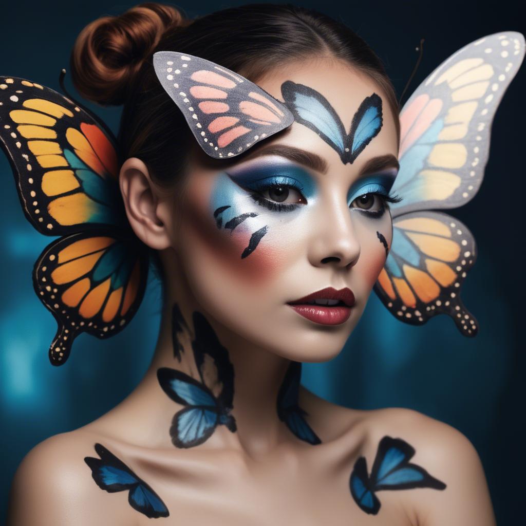 A stunning image of artistic shot of a woman with butterfly makeup.