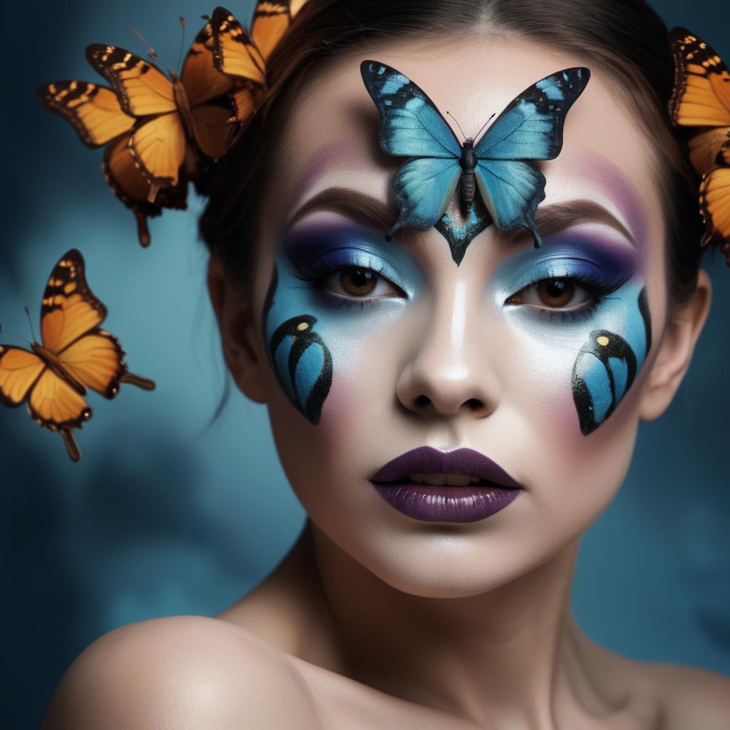 A stunning image of artistic shot of a woman with butterfly makeup.