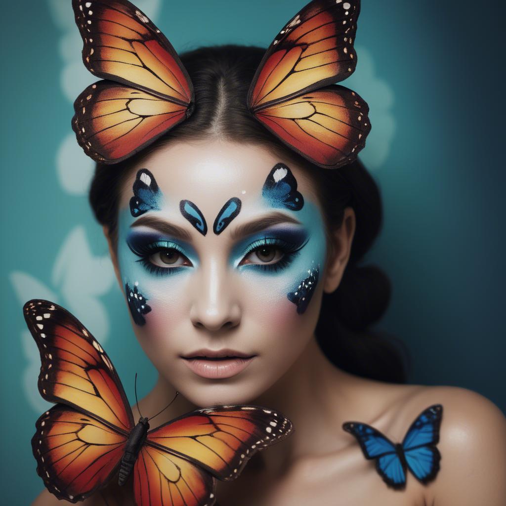 A stunning image of artistic shot of a woman with butterfly makeup.