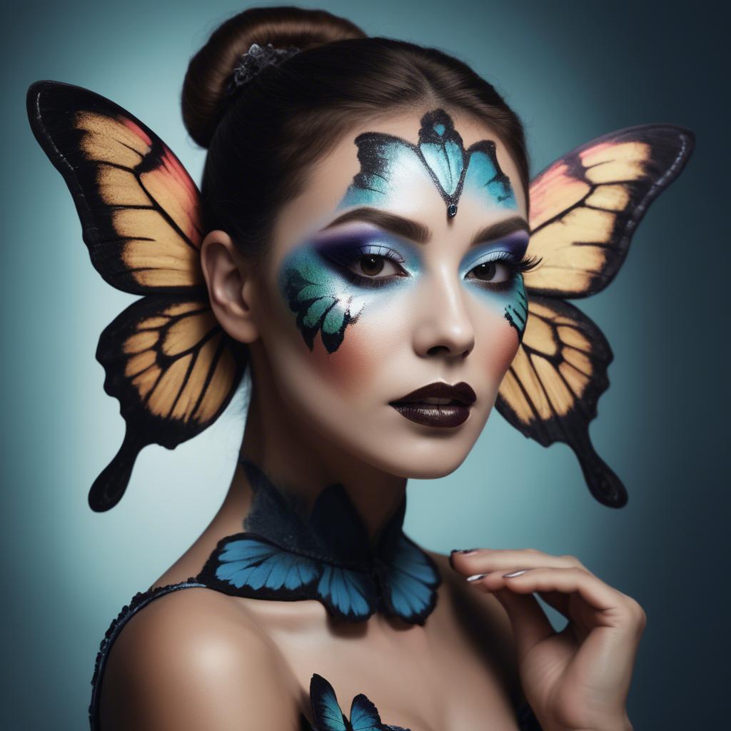 A stunning image of artistic shot of a woman with butterfly makeup.