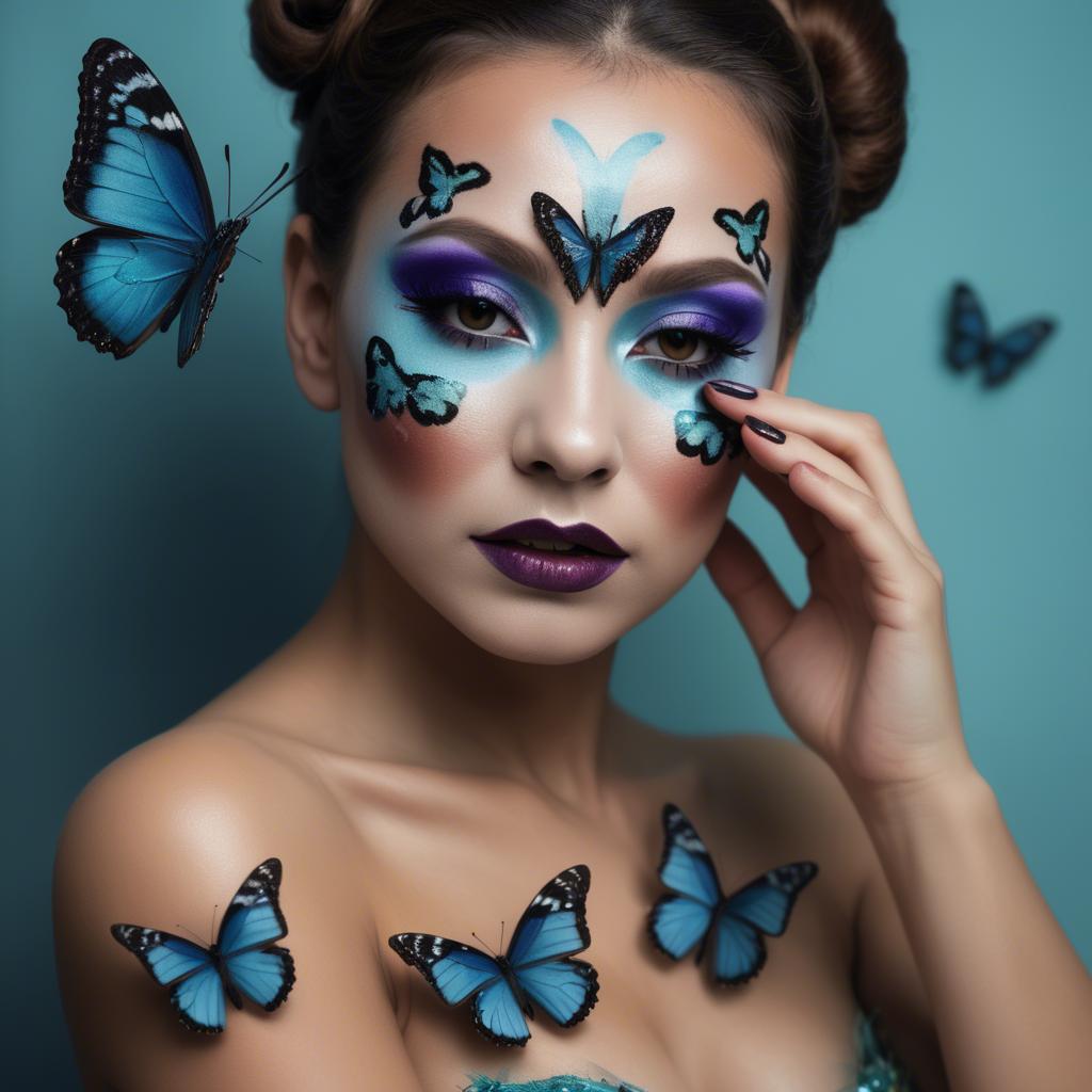 A stunning image of artistic shot of a woman with butterfly makeup.
