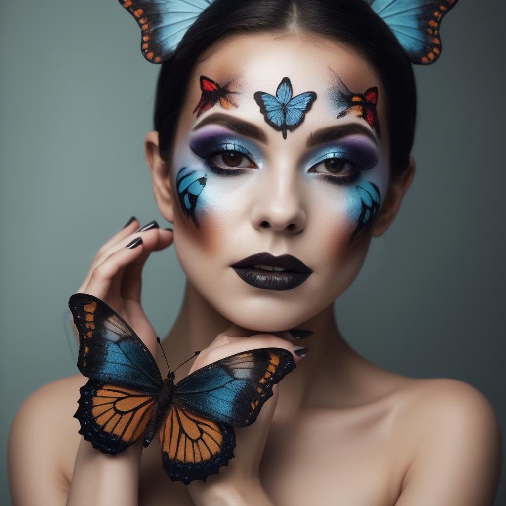 A stunning image of artistic shot of a woman with butterfly makeup.