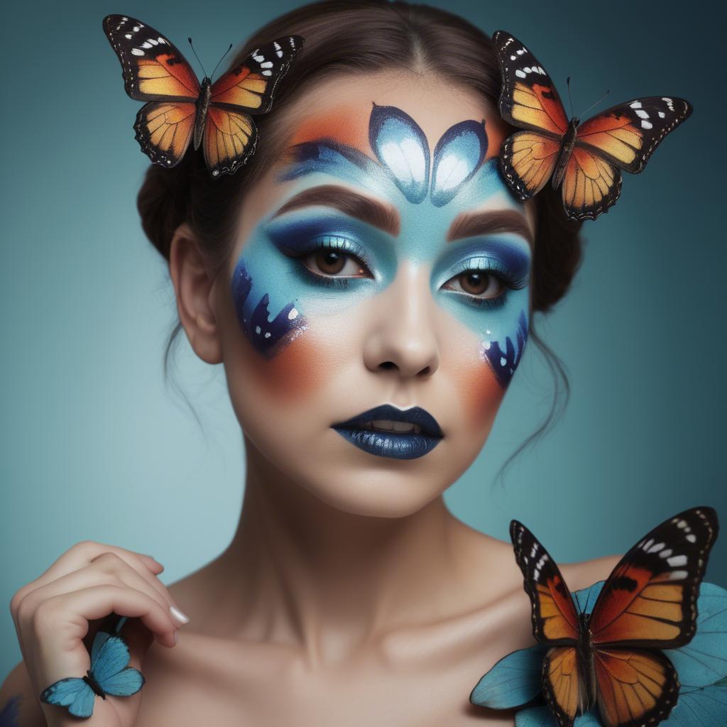 A stunning image of artistic shot of a woman with butterfly makeup.