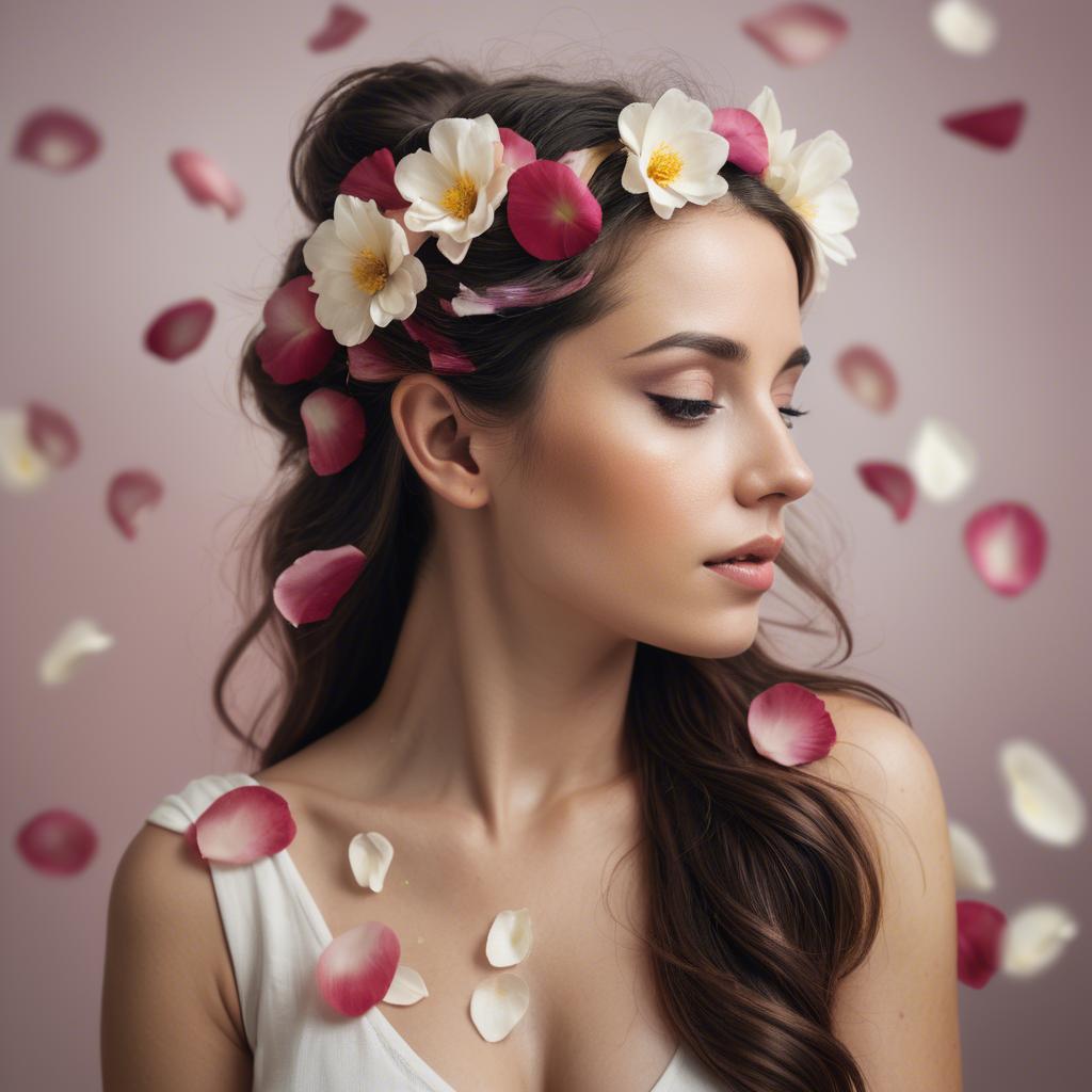 A stunning image of artistic shot of a woman with flower petals in her hair.
