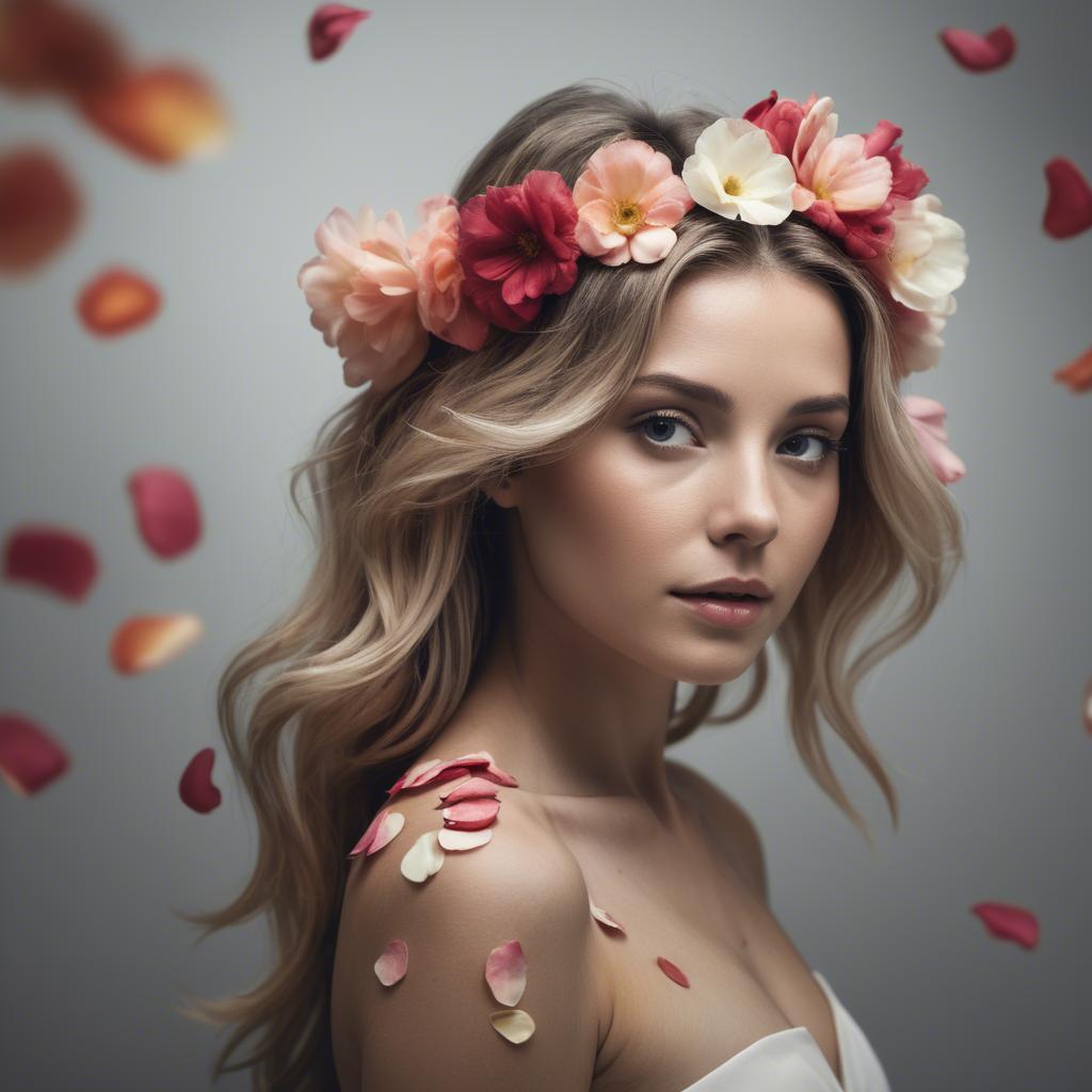 A stunning image of artistic shot of a woman with flower petals in her hair.