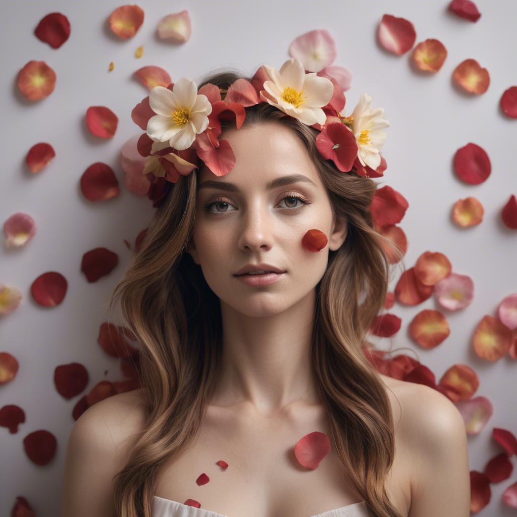 A stunning image of artistic shot of a woman with flower petals in her hair.