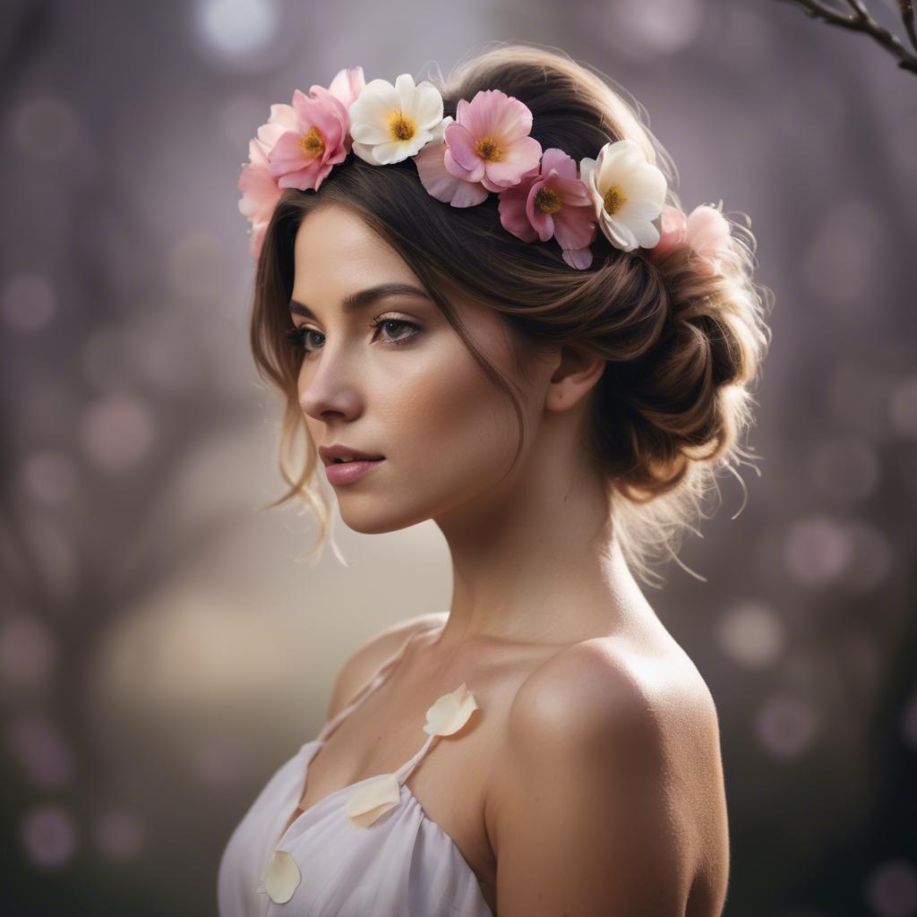A stunning image of artistic shot of a woman with flower petals in her hair.