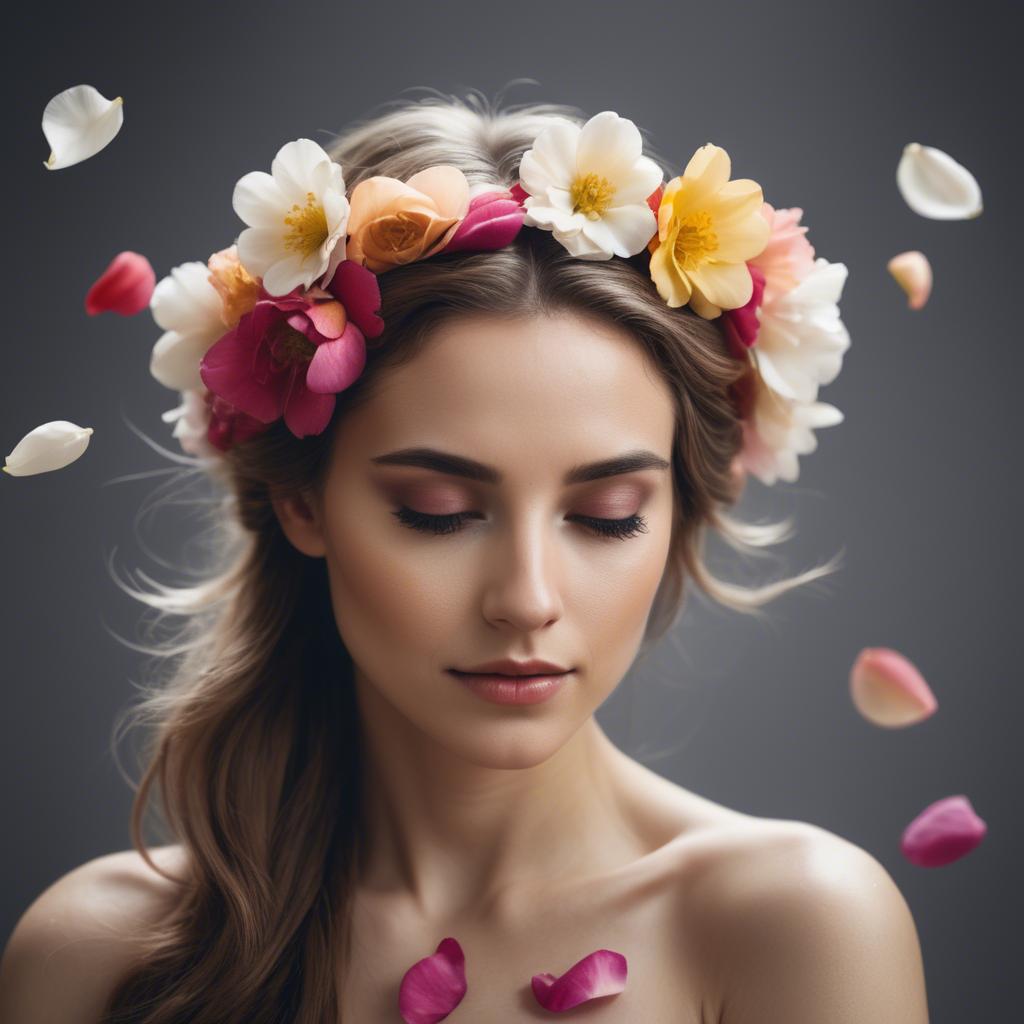 A stunning image of artistic shot of a woman with flower petals in her hair.