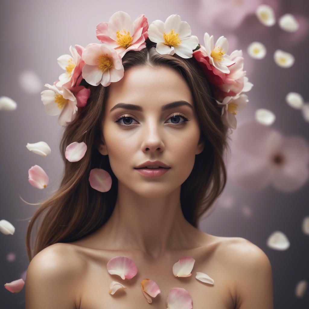 A stunning image of artistic shot of a woman with flower petals in her hair.