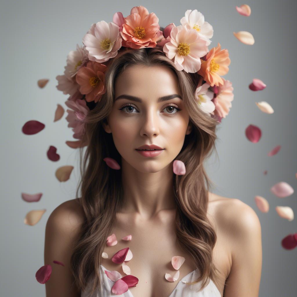 A stunning image of artistic shot of a woman with flower petals in her hair.