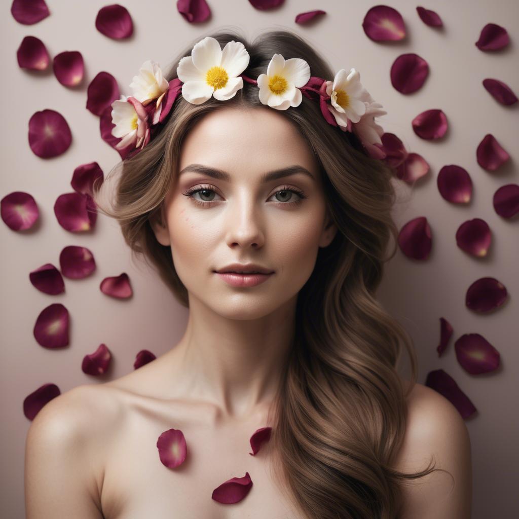 A stunning image of artistic shot of a woman with flower petals in her hair.