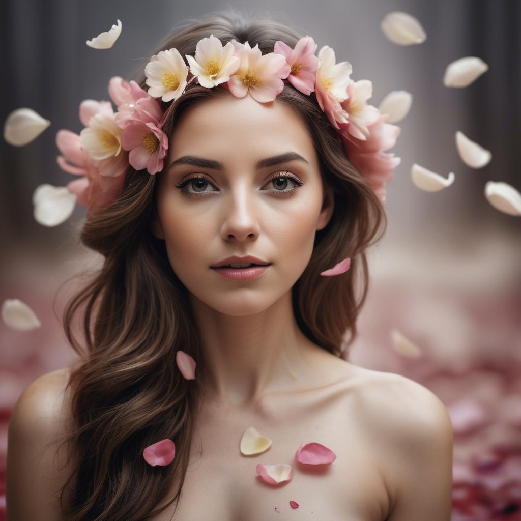 A stunning image of artistic shot of a woman with flower petals in her hair.