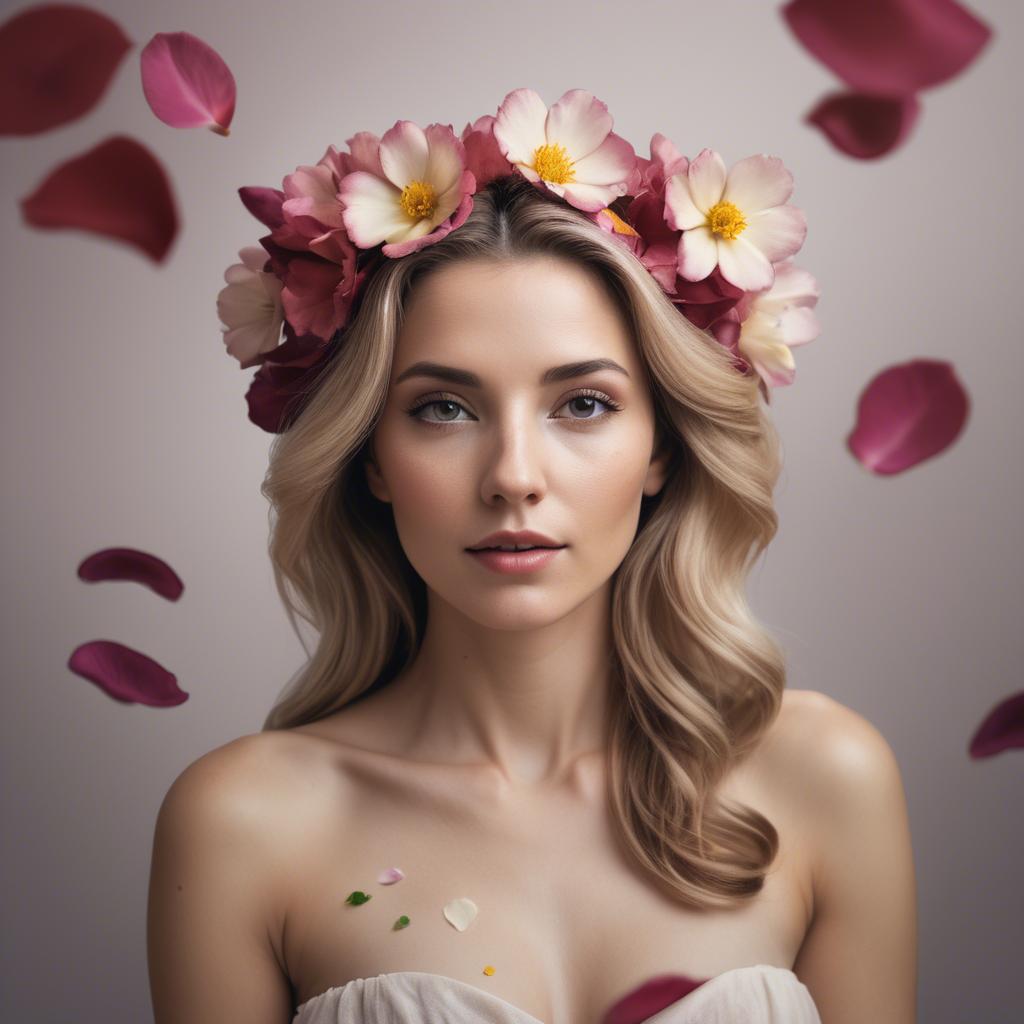 A stunning image of artistic shot of a woman with flower petals in her hair.