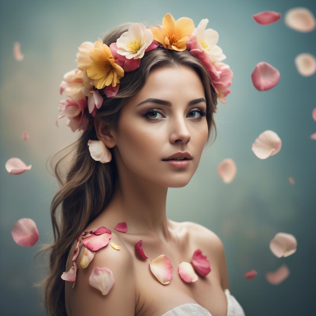 A stunning image of artistic shot of a woman with flower petals in her hair.