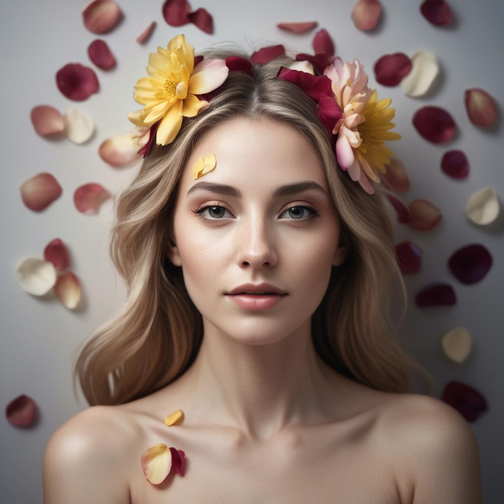 A stunning image of artistic shot of a woman with flower petals in her hair.